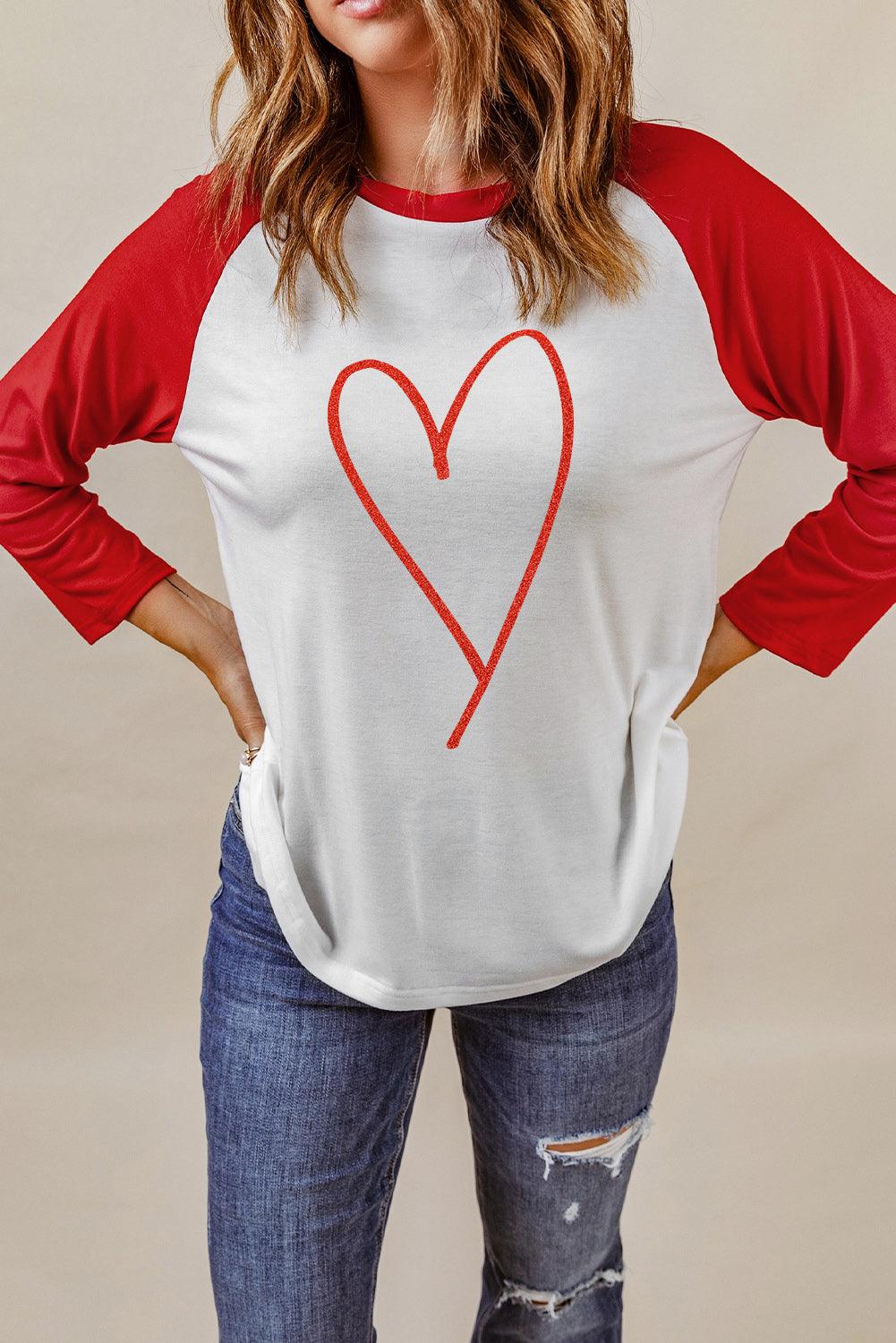 Contrast Baseball Sleeve Heart Graphic Top - CADEAUME