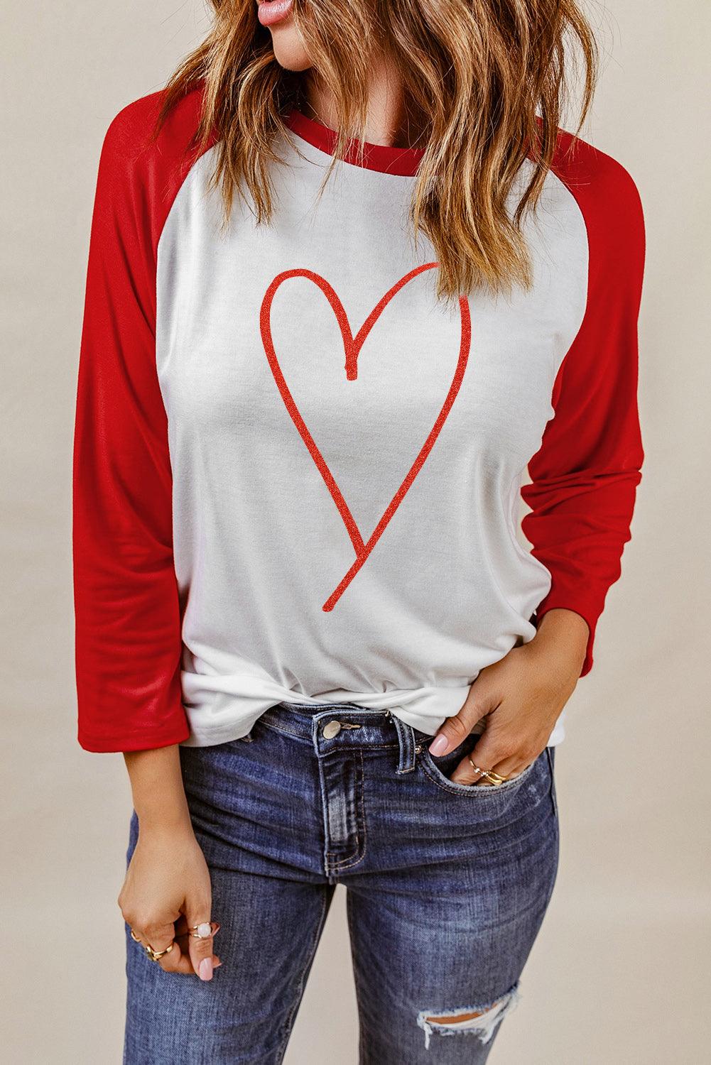 Contrast Baseball Sleeve Heart Graphic Top - CADEAUME