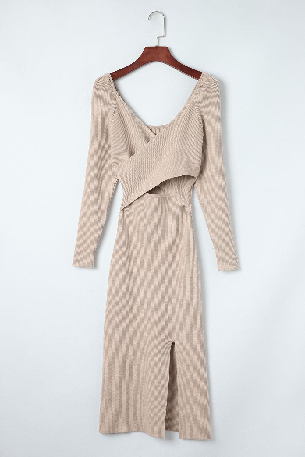 Crisscross Long Sleeve Slit Sweater Dress - CADEAUME