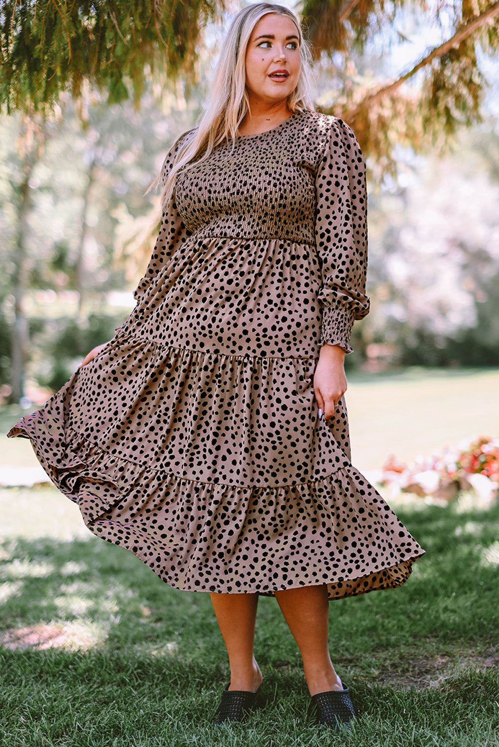 Plus Size Animal Print Smocked Tiered Dress - Outlets Forever