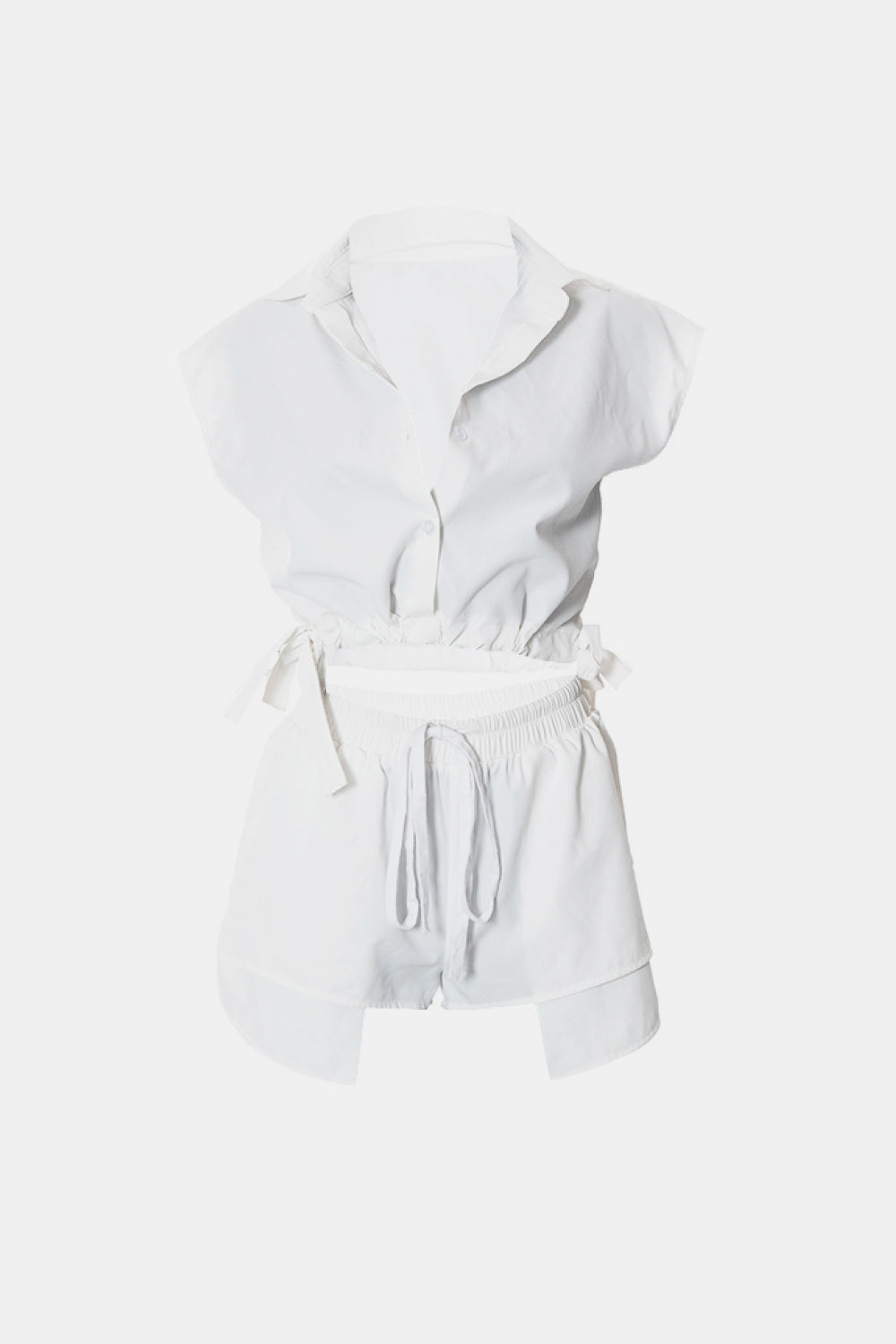 Collared Drawstring Cropped Top and Shorts Set - Outlets Forever