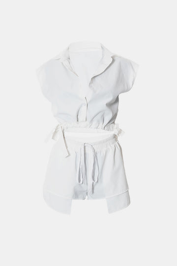 Collared Drawstring Cropped Top and Shorts Set