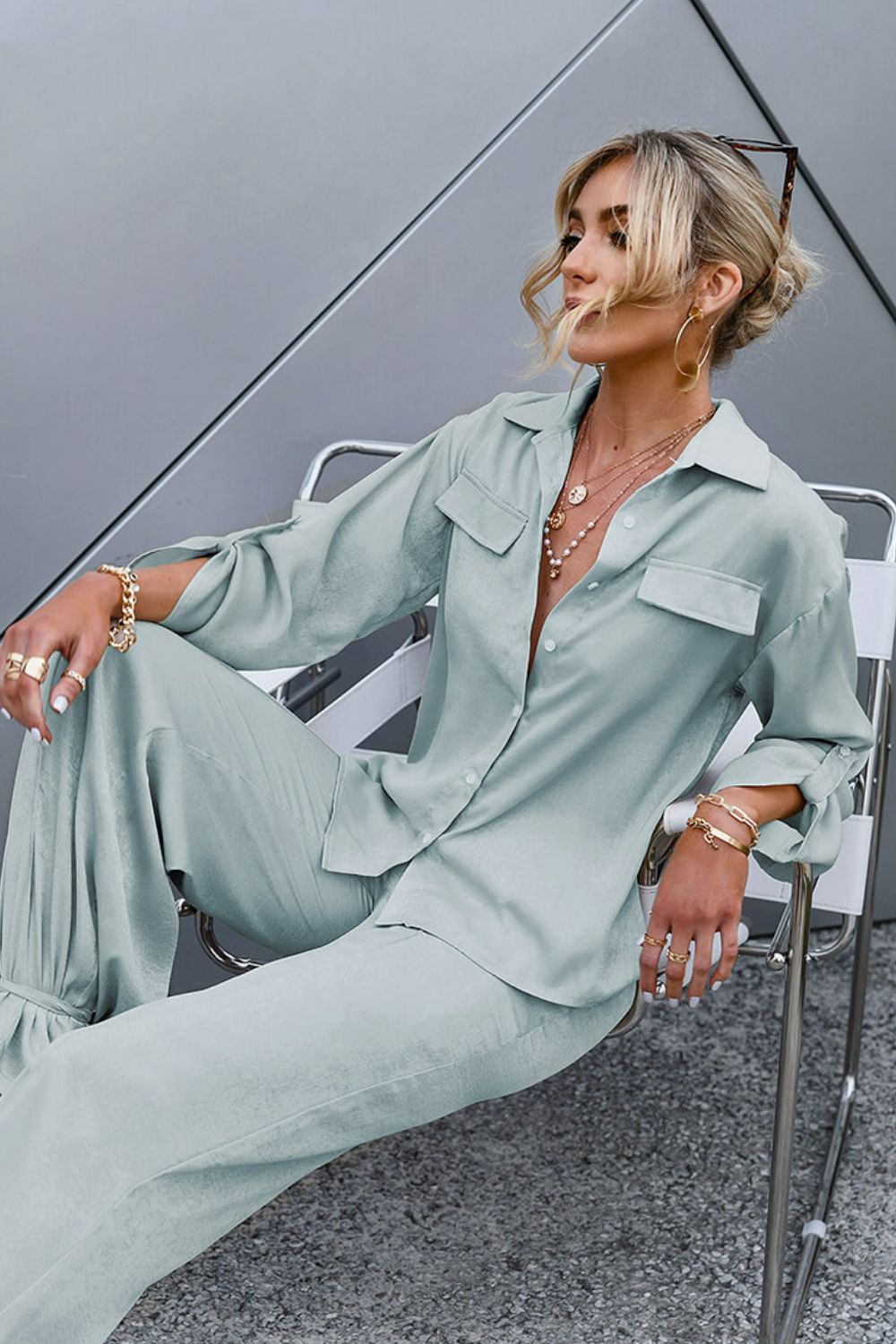 Roll-Tab Sleeve Shirt and Ankle-Tie Pants Set - Outlets Forever