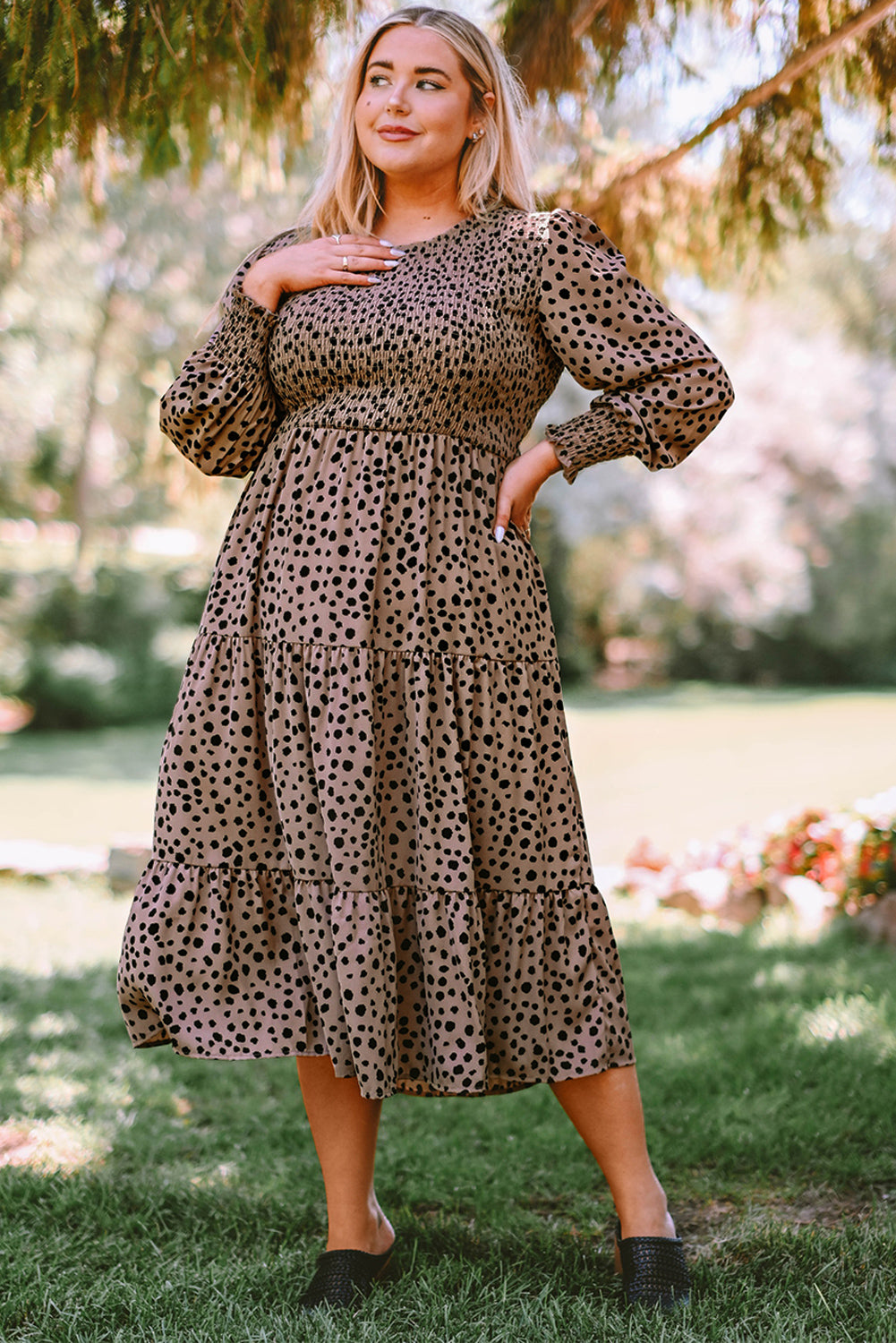 Plus Size Animal Print Smocked Tiered Dress - Outlets Forever