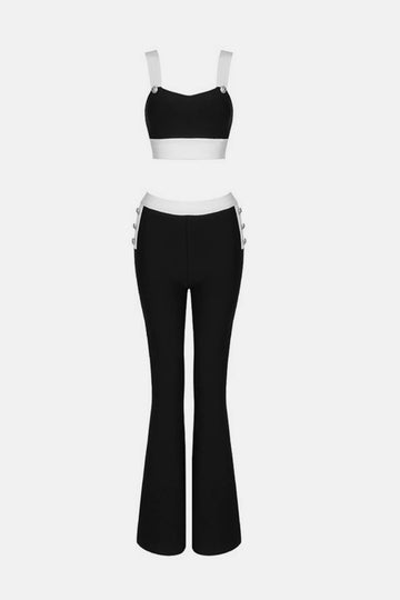 Contrast Decorative Button Cropped Cami and Flare Pants Set - Outlets Forever