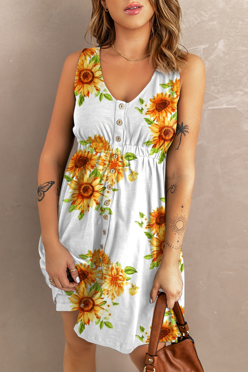 Sunflower Print Button Down Sleeveless Dress - Outlets Forever