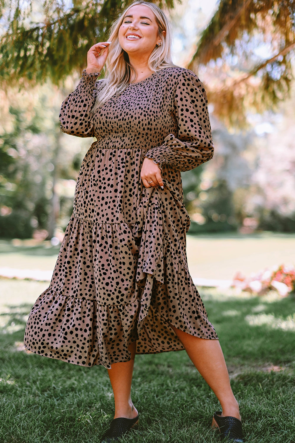 Plus Size Animal Print Smocked Tiered Dress - Outlets Forever