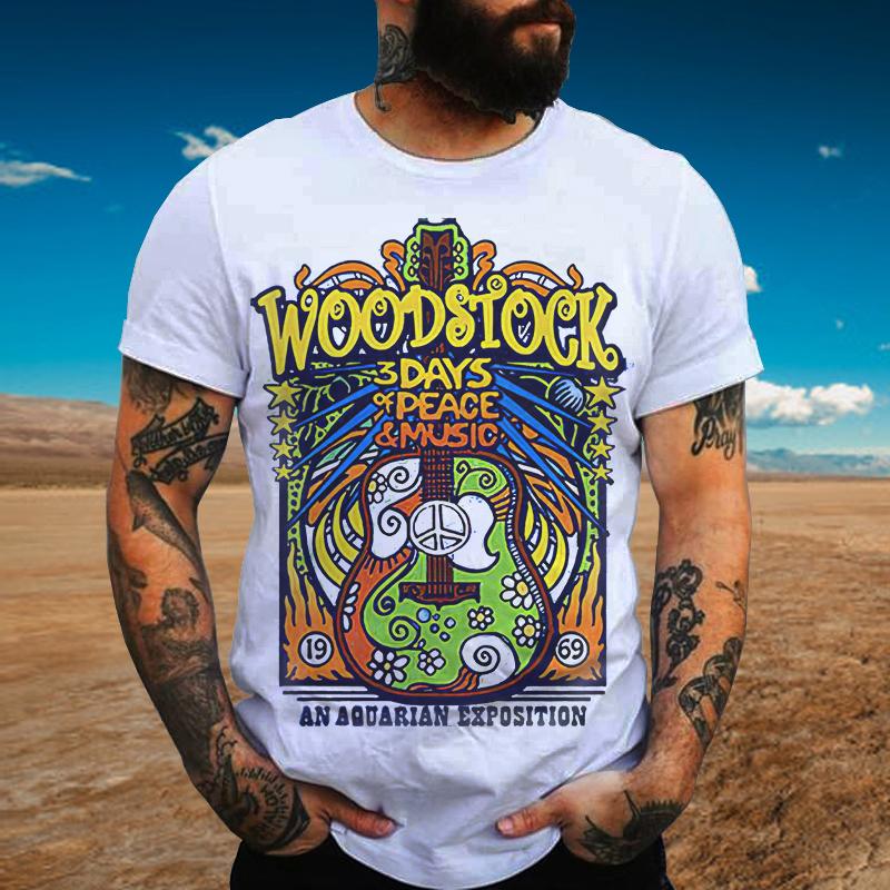 Woodstock 3 Days Of Peace & Music Guitar Printed T-shirt - Outlets Forever