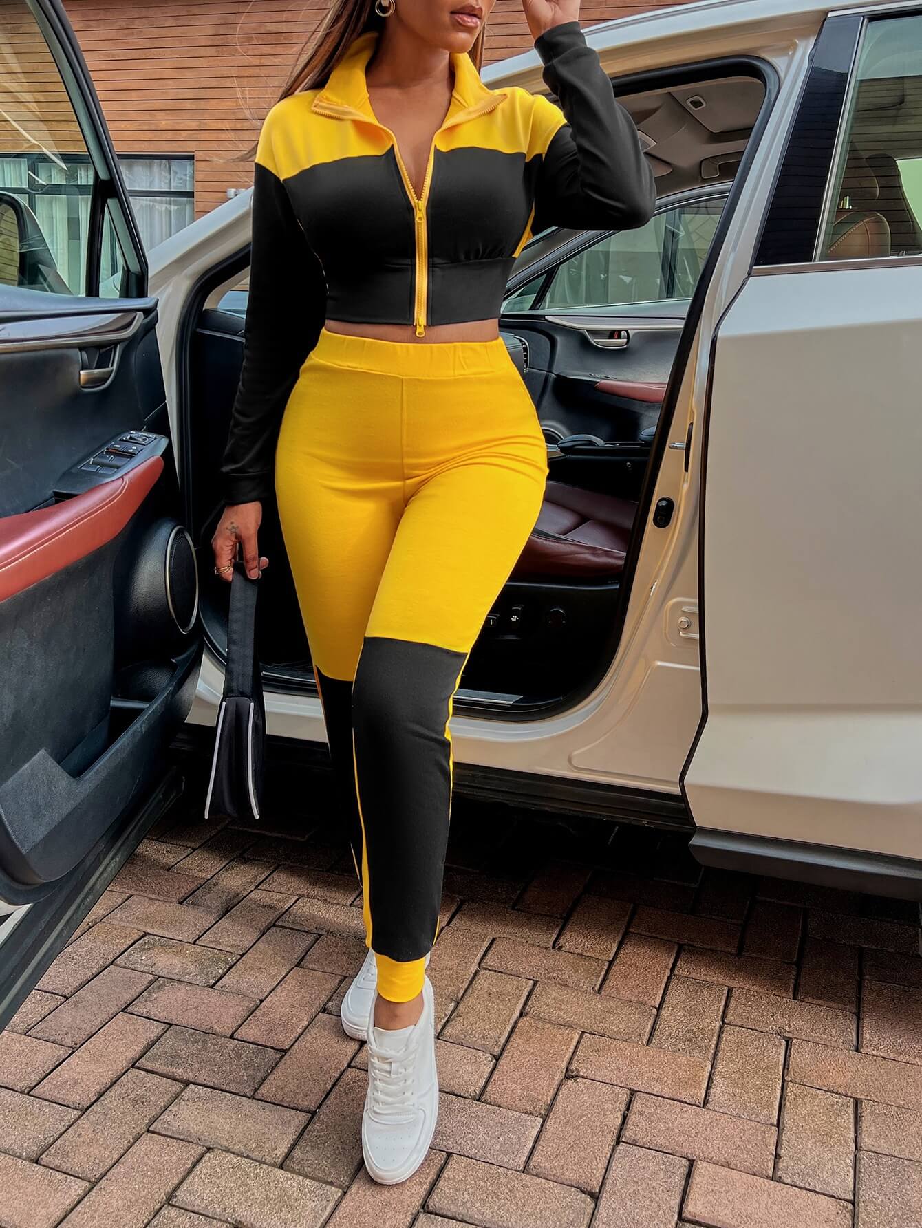Two-Tone Collared Neck Top and Joggers Set - Outlets Forever
