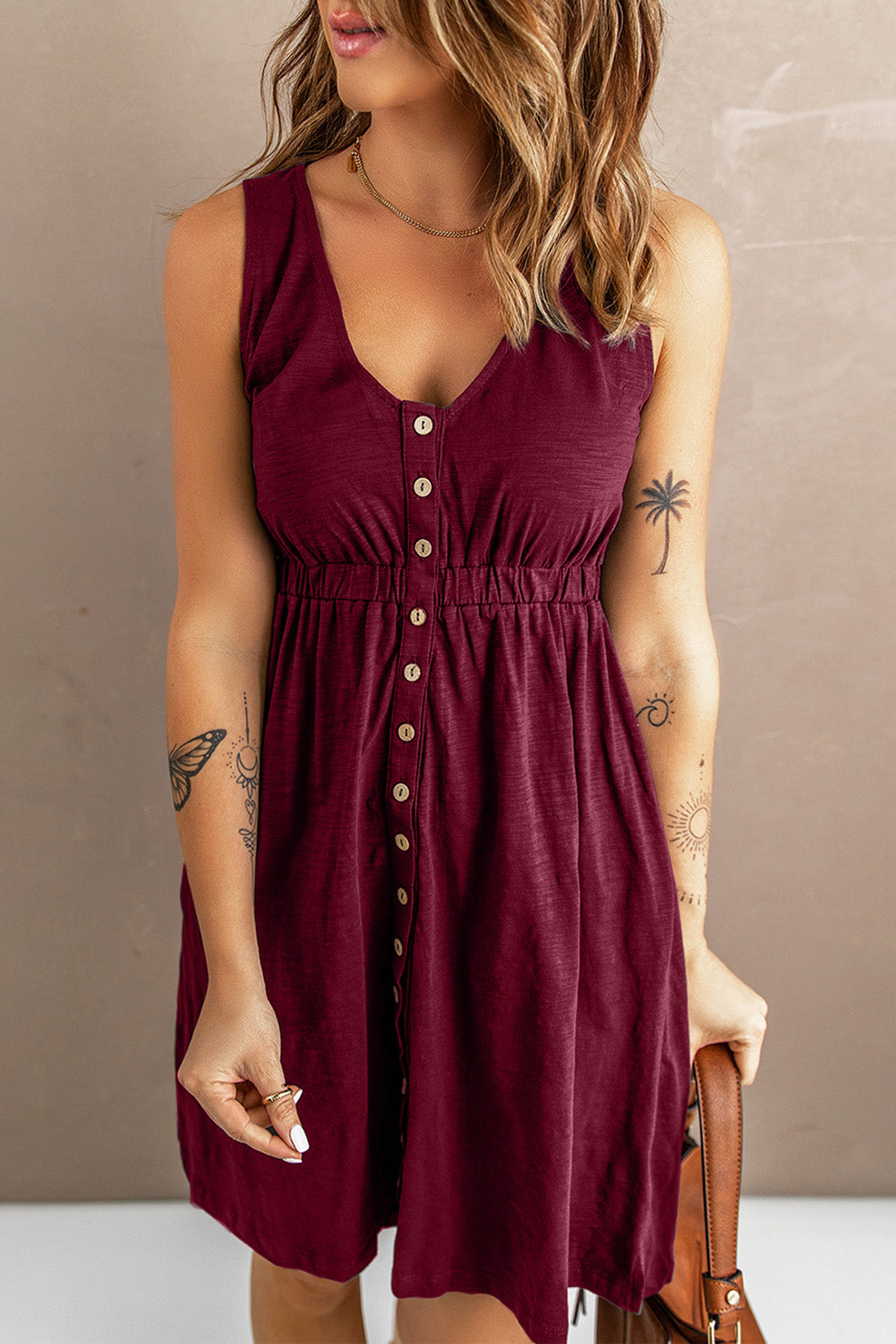 Button Front Empire Waist Sleeveless Slit Dress - Outlets Forever