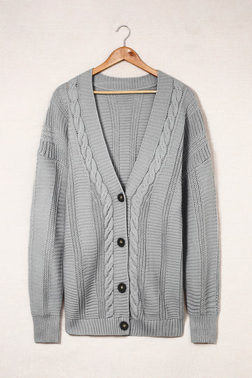 Cable-Knit Button Front V-Neck Cardigan