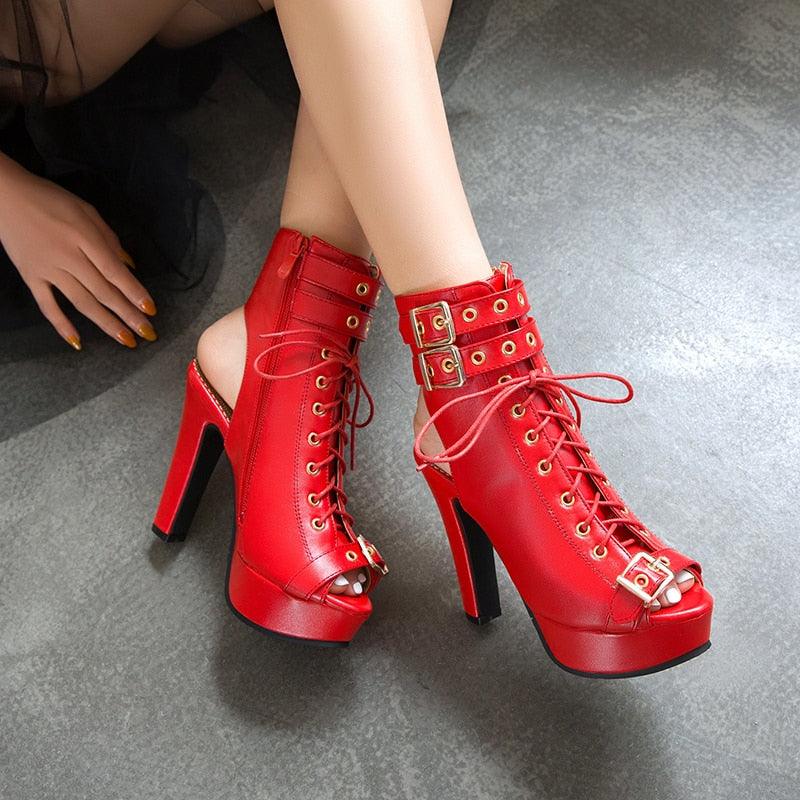 Fashion Peep Toe Ankle Boots For Women Shoes Sexy High Heels Platform Summer Boots Women Buckle Yellow White Blue Shoes Female - CADEAUME