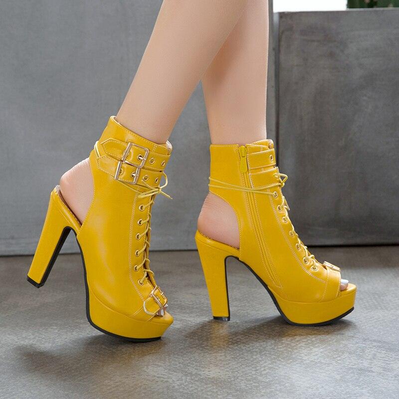 Fashion Peep Toe Ankle Boots For Women Shoes Sexy High Heels Platform Summer Boots Women Buckle Yellow White Blue Shoes Female - CADEAUME