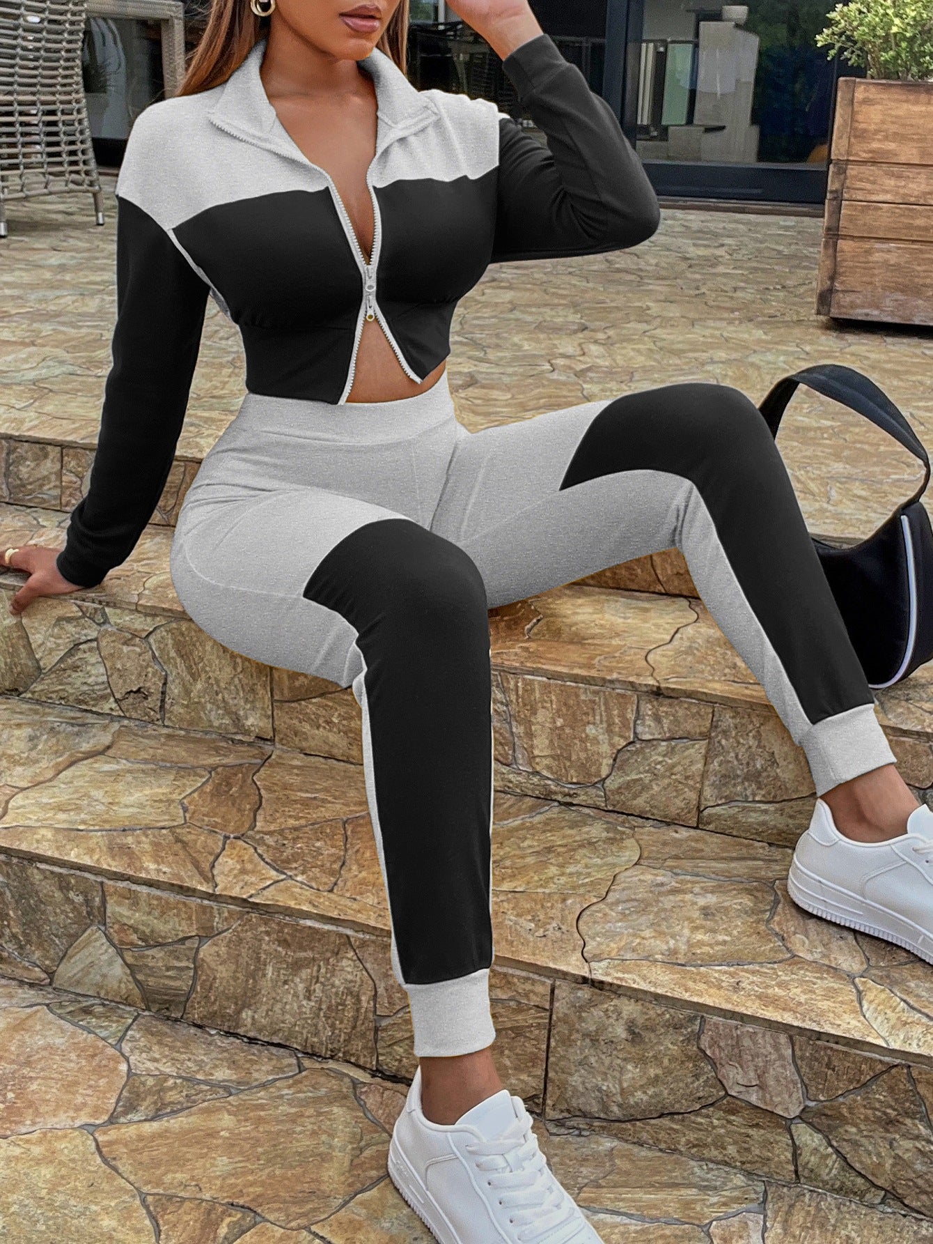 Two-Tone Collared Neck Top and Joggers Set - Outlets Forever