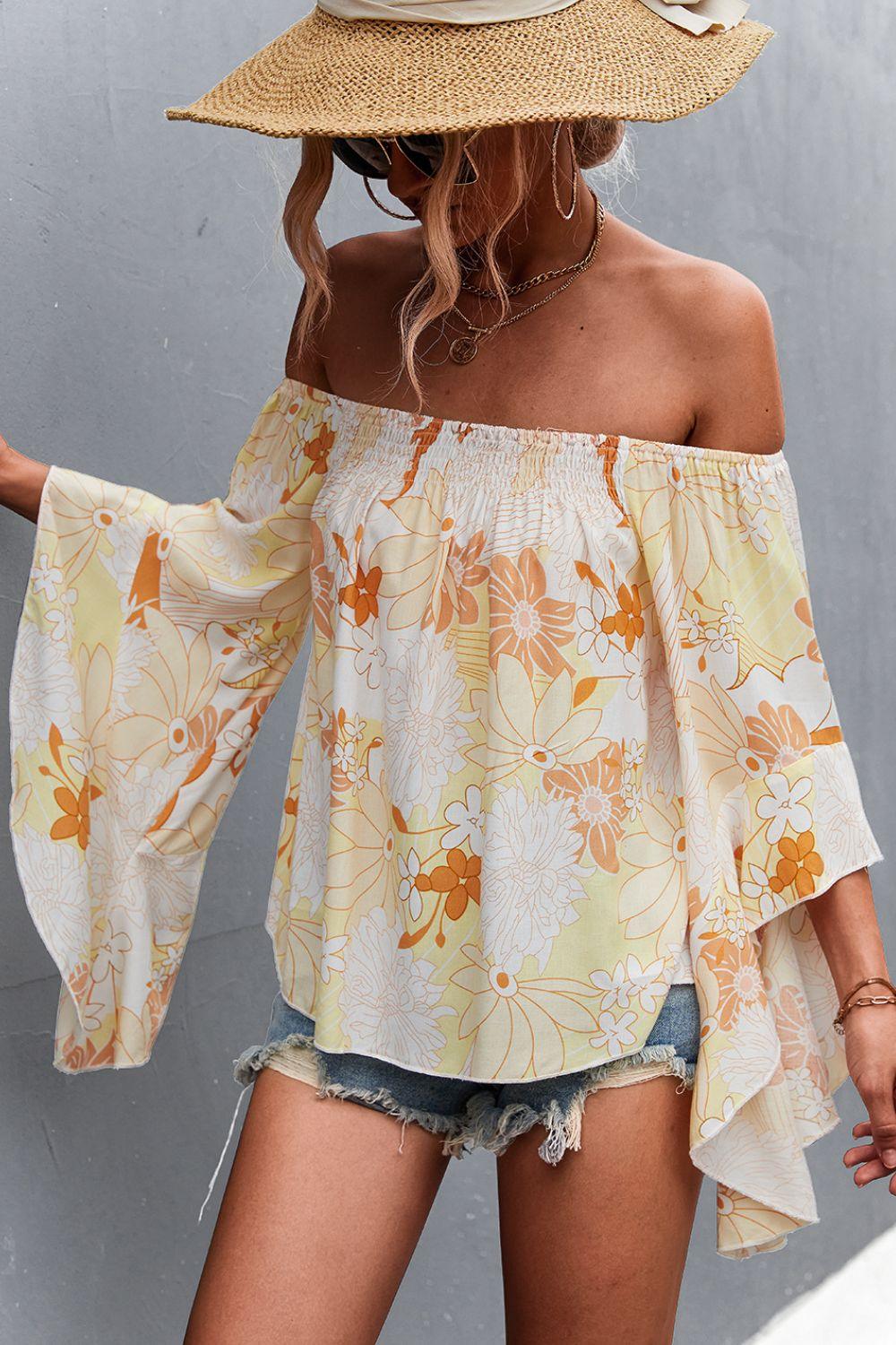 Floral Bell Sleeve Off-Shoulder Blouse - CADEAUME