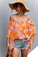 Floral Bell Sleeve Off-Shoulder Blouse - CADEAUME