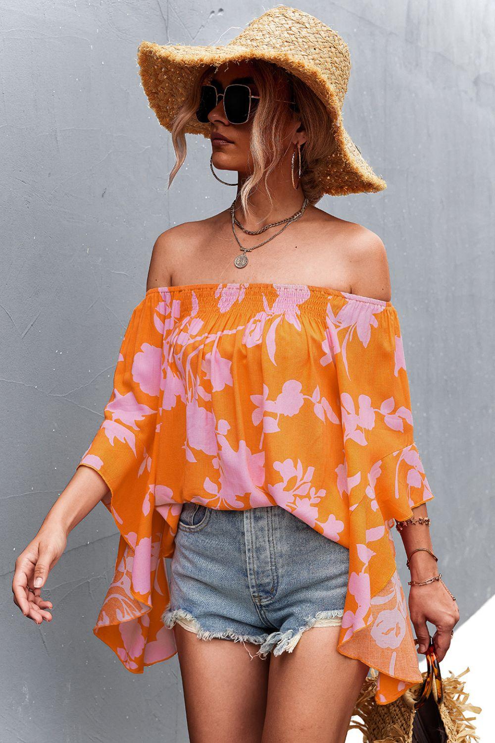 Floral Bell Sleeve Off-Shoulder Blouse - CADEAUME