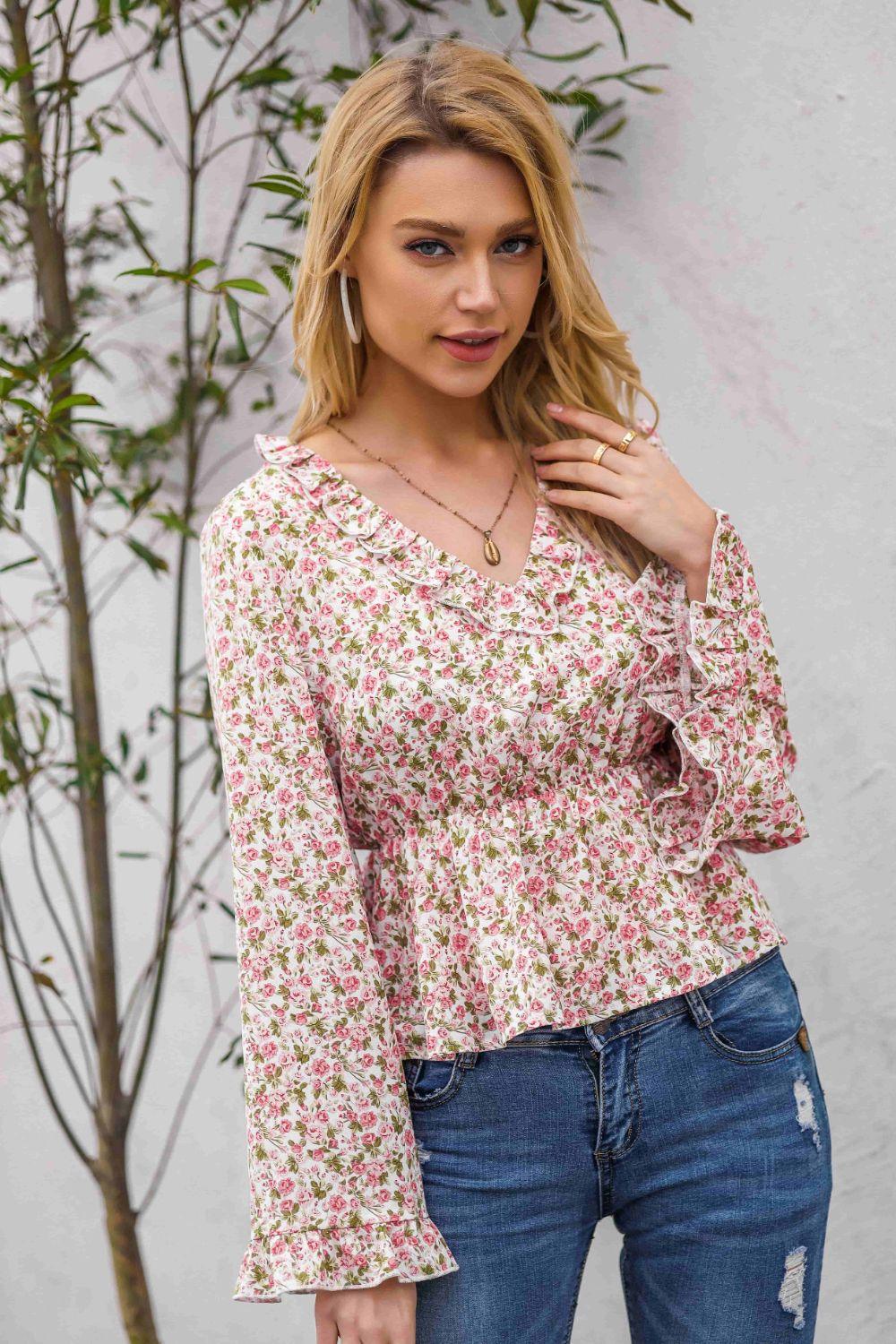 Floral Ruffled V-Neck Peplum Blouse - CADEAUME