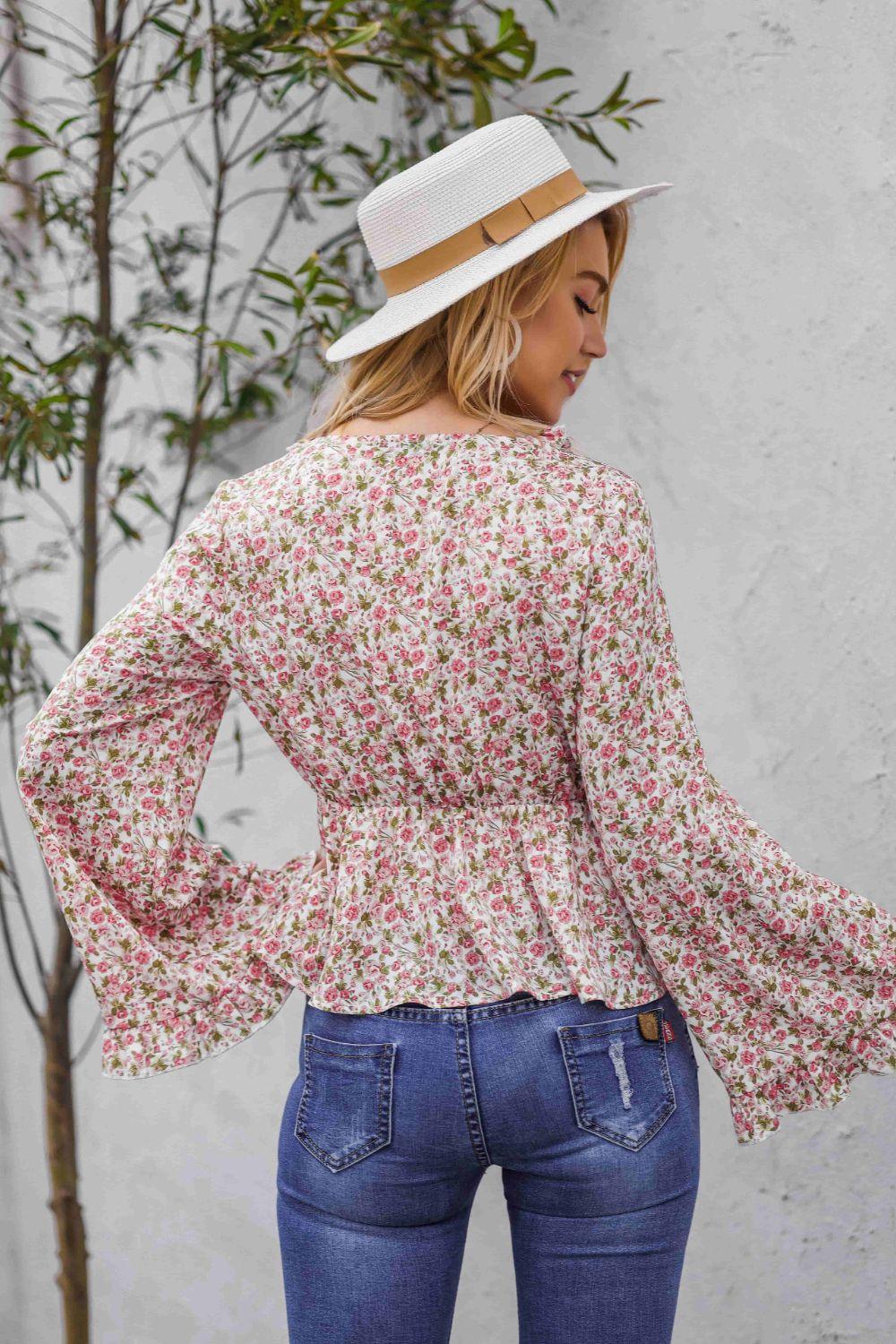 Floral Ruffled V-Neck Peplum Blouse - CADEAUME