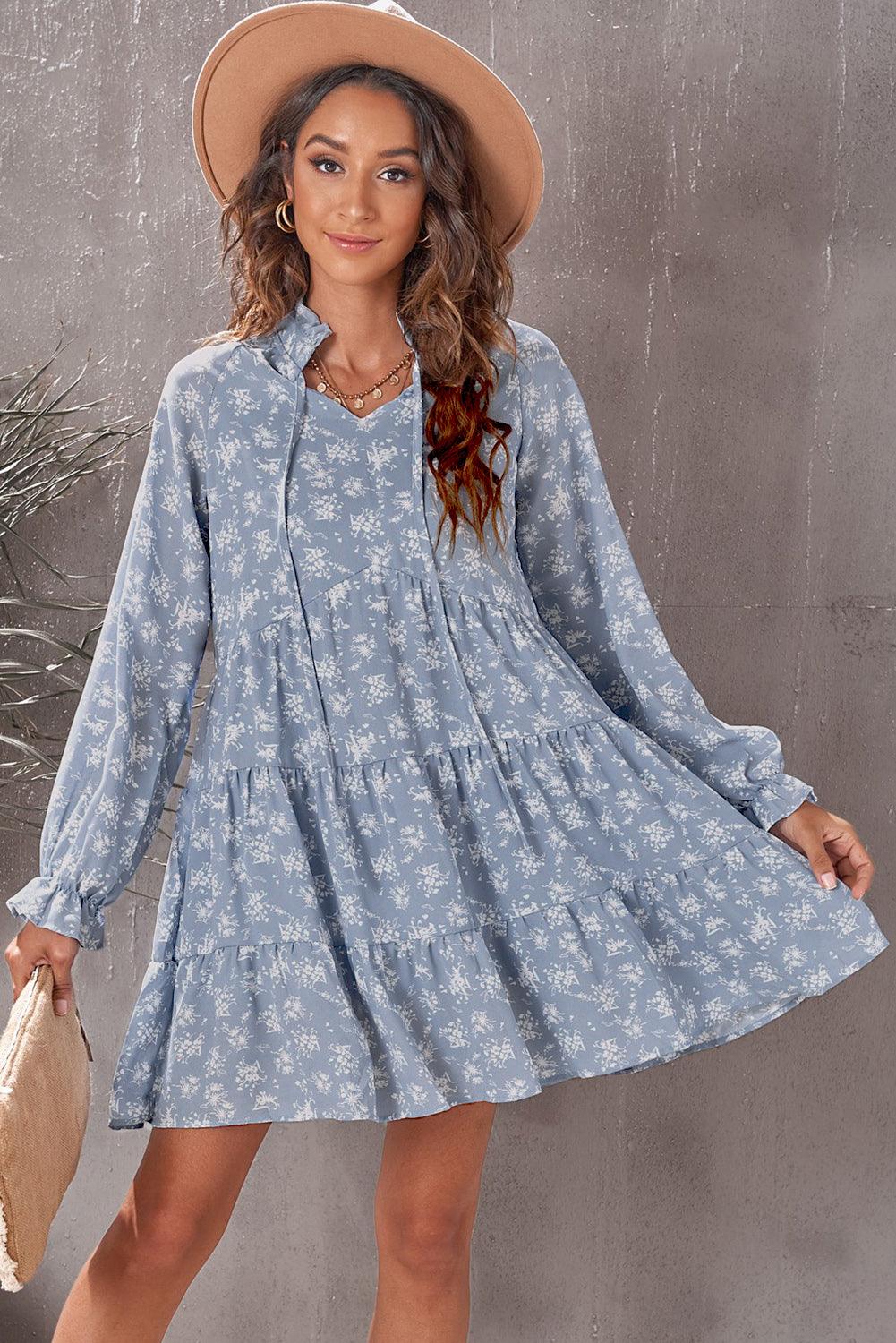 Floral Tie-Neck Flounce Sleeve Tiered Babydoll Dress - CADEAUME