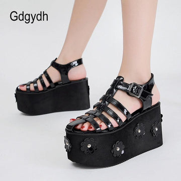 Gdgydh Fashion Flower Roman Style Women Sandals Platform Wedges Gladiator Heels For Girls Thick Sole Comfy Walking Gothic Style