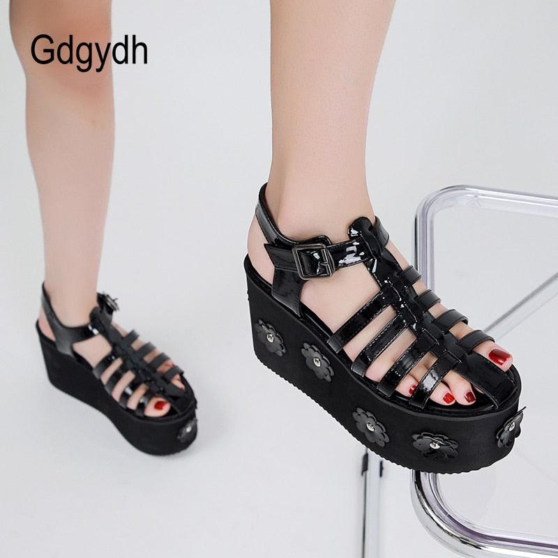 Gdgydh Fashion Flower Roman Style Women Sandals Platform Wedges Gladiator Heels For Girls Thick Sole Comfy Walking Gothic Style - CADEAUME