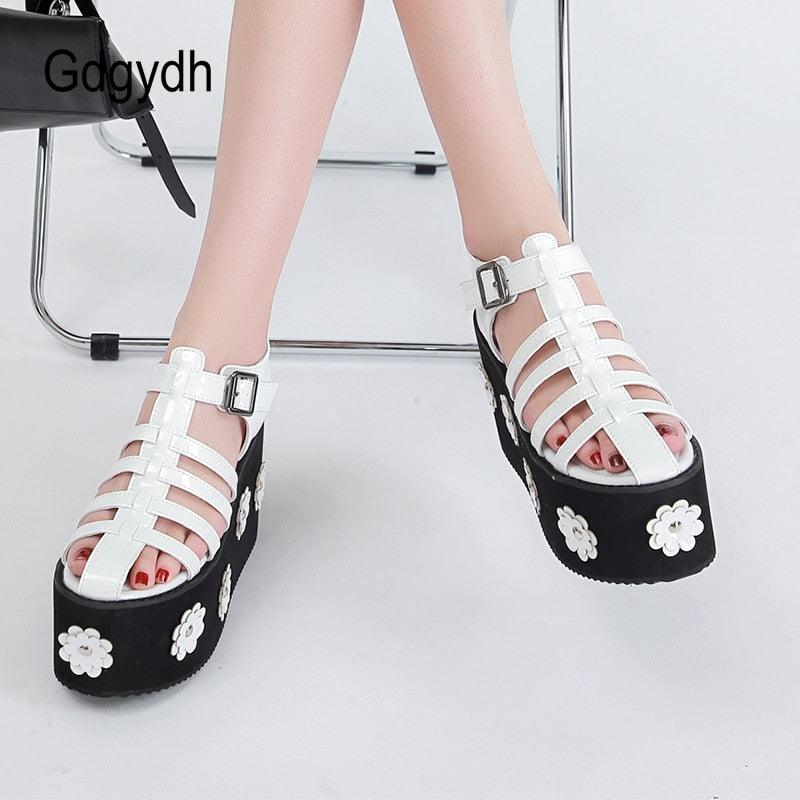 Gdgydh Fashion Flower Roman Style Women Sandals Platform Wedges Gladiator Heels For Girls Thick Sole Comfy Walking Gothic Style - CADEAUME