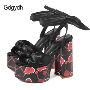 Gdgydh Fashion Heart Platform Sandals Women Ultra High Heels Shoes For Party Luxury Brand Punk Gothic Large Size Cross Tied Sexy