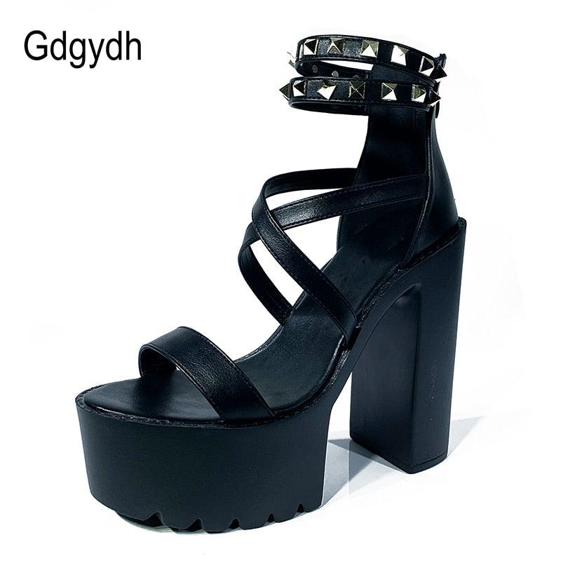 Gdgydh New Sexy Platform Sandals Women Ultra High Heels Shoes Fashion Rivet Ladies Party Shoes Square Heel Comfort Drop Shipping - CADEAUME