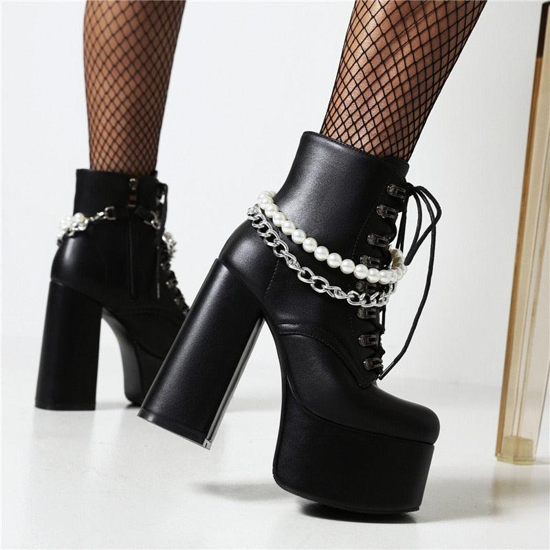 Goth Black Demonia Boots Women Punk Heel Sexy Chain Chunky Heel Platform Boots Female Designers Ankle Boots Lace Up Large Size - CADEAUME