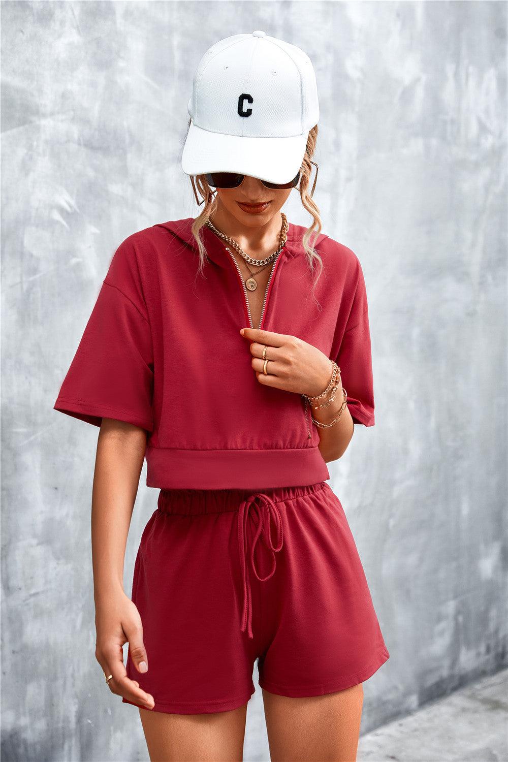 Half Zip Cropped Hooded T-Shirt and Shorts Set - CADEAUME