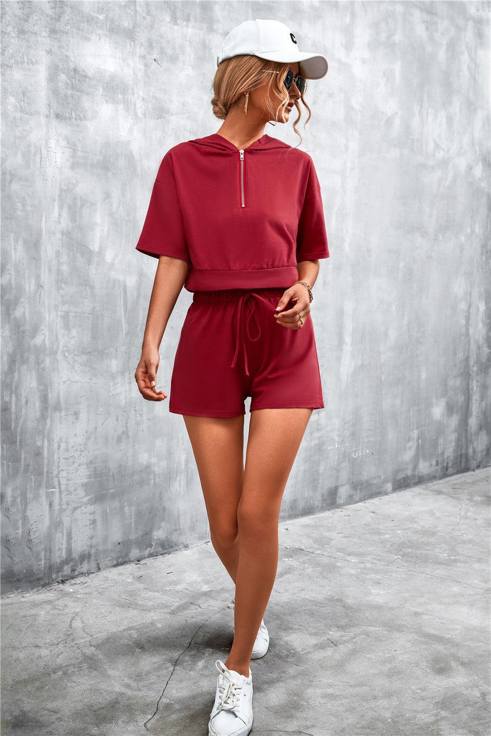 Half Zip Cropped Hooded T-Shirt and Shorts Set - CADEAUME