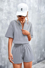 Half Zip Cropped Hooded T-Shirt and Shorts Set - CADEAUME