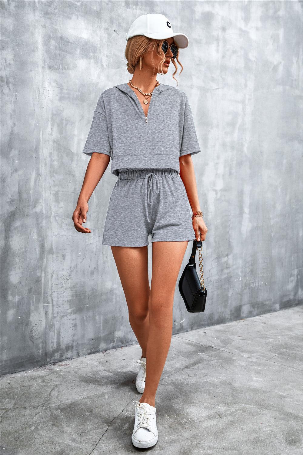 Half Zip Cropped Hooded T-Shirt and Shorts Set - CADEAUME