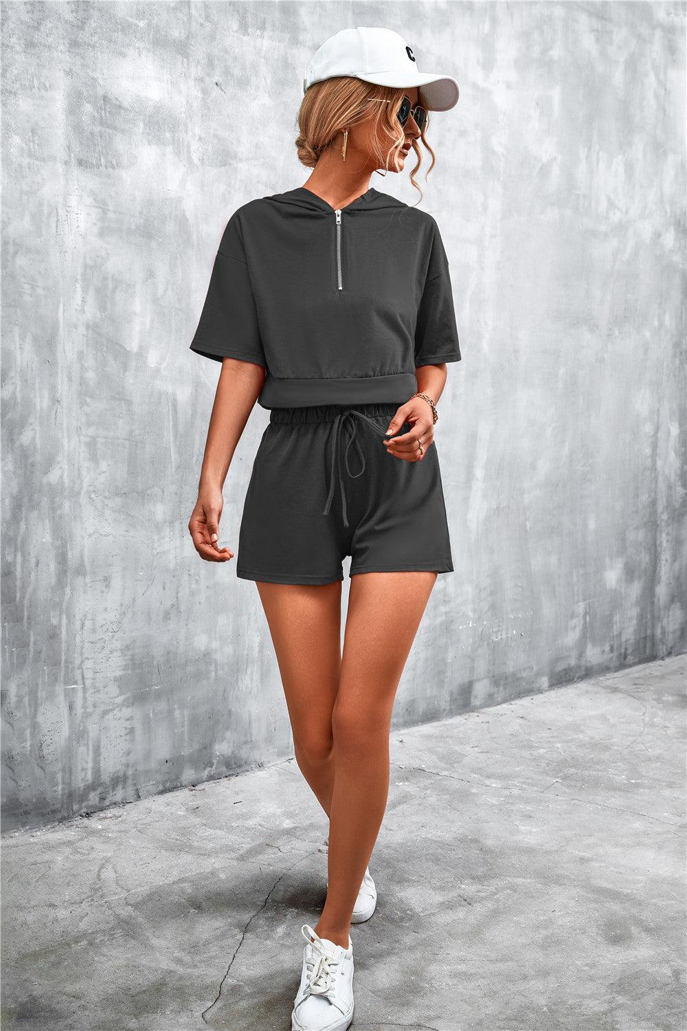 Half Zip Cropped Hooded T-Shirt and Shorts Set - CADEAUME