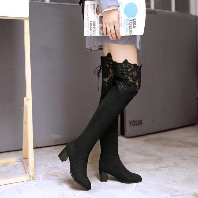 Increased Female Boots Knee High-heeled Boots Inside Hollow Lace - CADEAUME