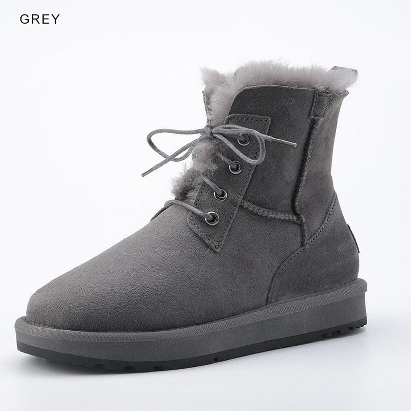 INOE Fashion Sheepskin Suede Leather Sheep Natural Wool Fur Lined Women Casual Short Winter Snow Boots Warm Shoes Waterproof - CADEAUME