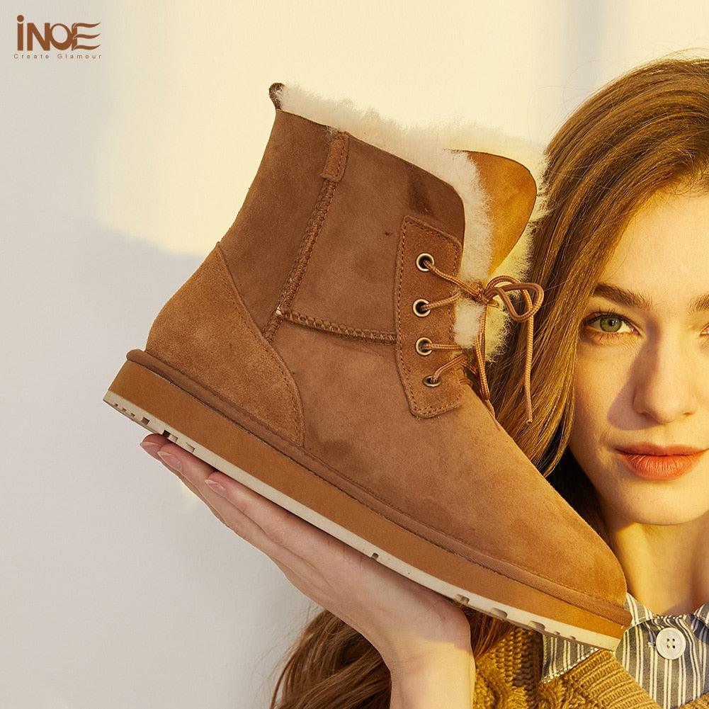 INOE Fashion Sheepskin Suede Leather Sheep Natural Wool Fur Lined Women Casual Short Winter Snow Boots Warm Shoes Waterproof - CADEAUME