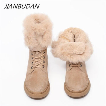 JIANBUDAN Women Boots Suede Leather Women Flat platform Mid-Calf Boots Ladies Shoes Fashion Winter Plush Fur warm Boots 34-43 - CADEAUME