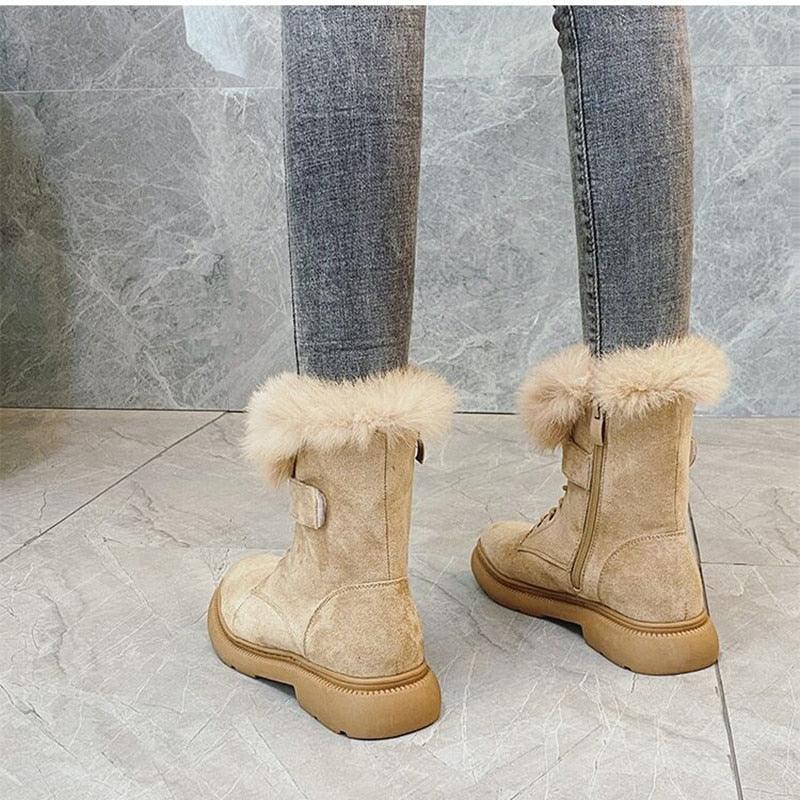 JIANBUDAN Women Boots Suede Leather Women Flat platform Mid-Calf Boots Ladies Shoes Fashion Winter Plush Fur warm Boots 34-43 - CADEAUME