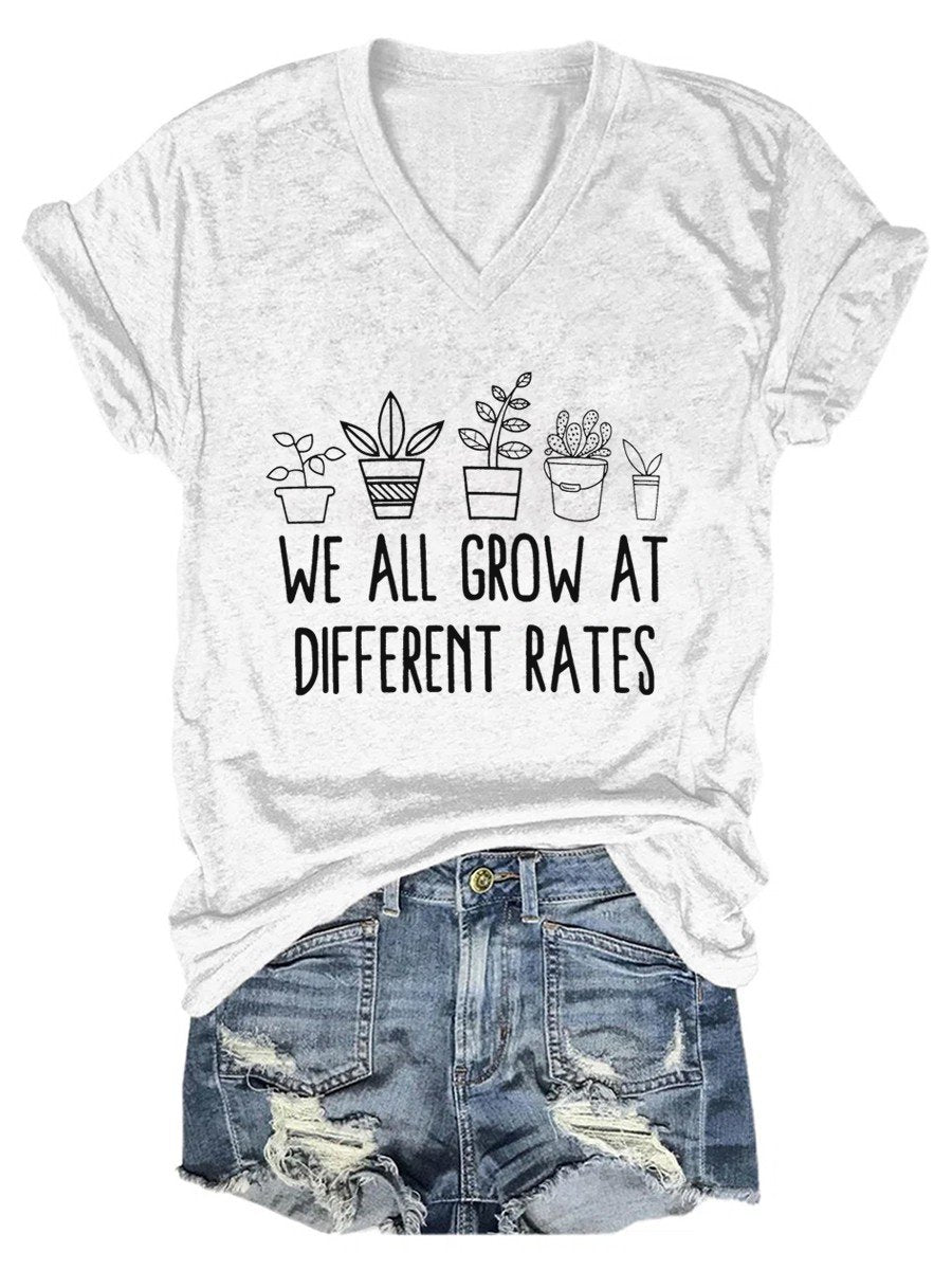 Women's We All Grow At Different Rates Teacher V-neck T-shirt - Outlets Forever