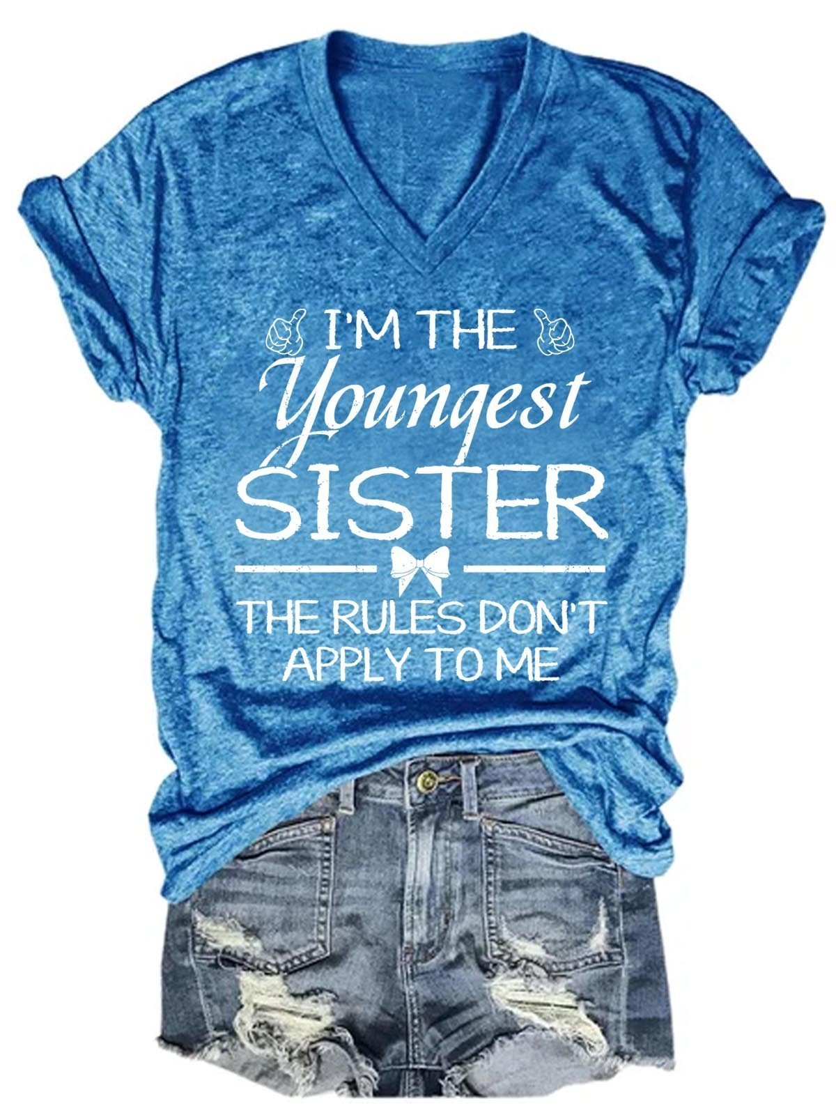 Women's Rules Don't Apply To Me Youngest Adult 3 Sisters Matching  V-Neck T-Shirt - Outlets Forever
