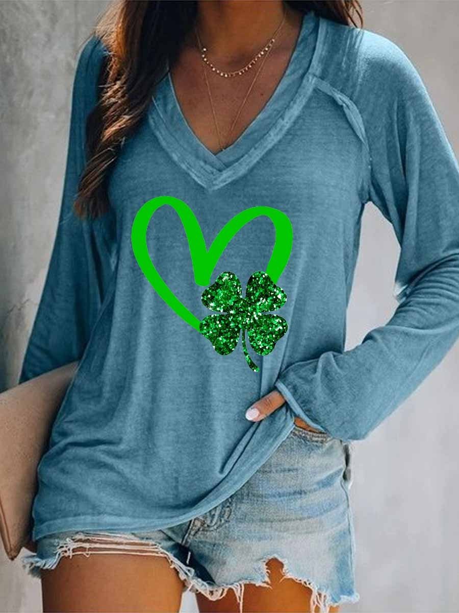 Women's Lucky Clover St. Patrick's Day Long Sleeve V-Neck T-Shirt - Outlets Forever