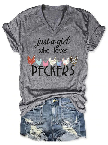 Women's Just A Girl Who Loves Peckers V-Neck T-Shirt