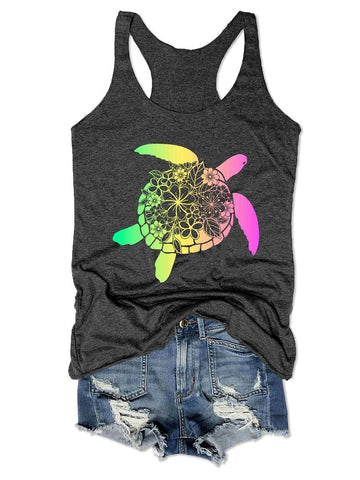 Flower Turtle Shell Floral Mandala Rainbow Women Tank Top