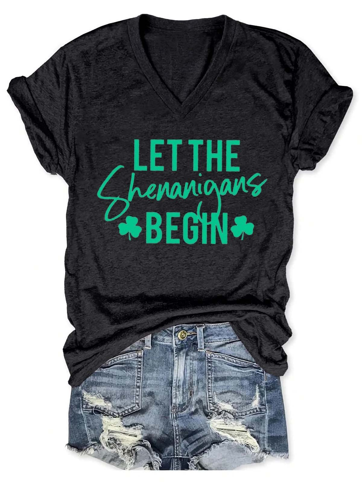 Women's Let The Shenanigans Begin St Patricks Day Party V-Neck T-Shirt - Outlets Forever