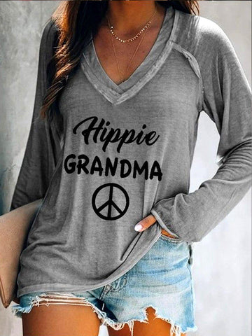 Women's Hippie Grandma Peace And Love Casual Long Sleeve V-Neck T-Shirt
