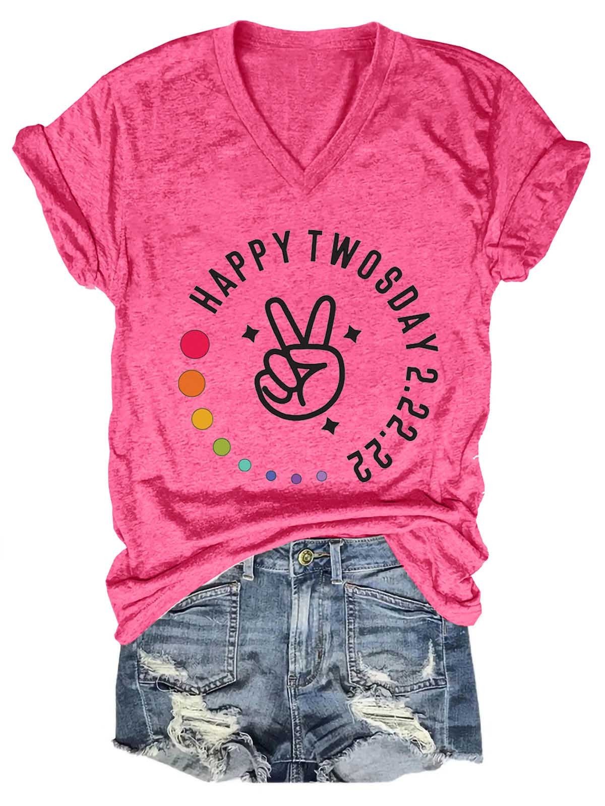 Women's Happy Twosday 2-22-22 V-Neck T-Shirt - Outlets Forever