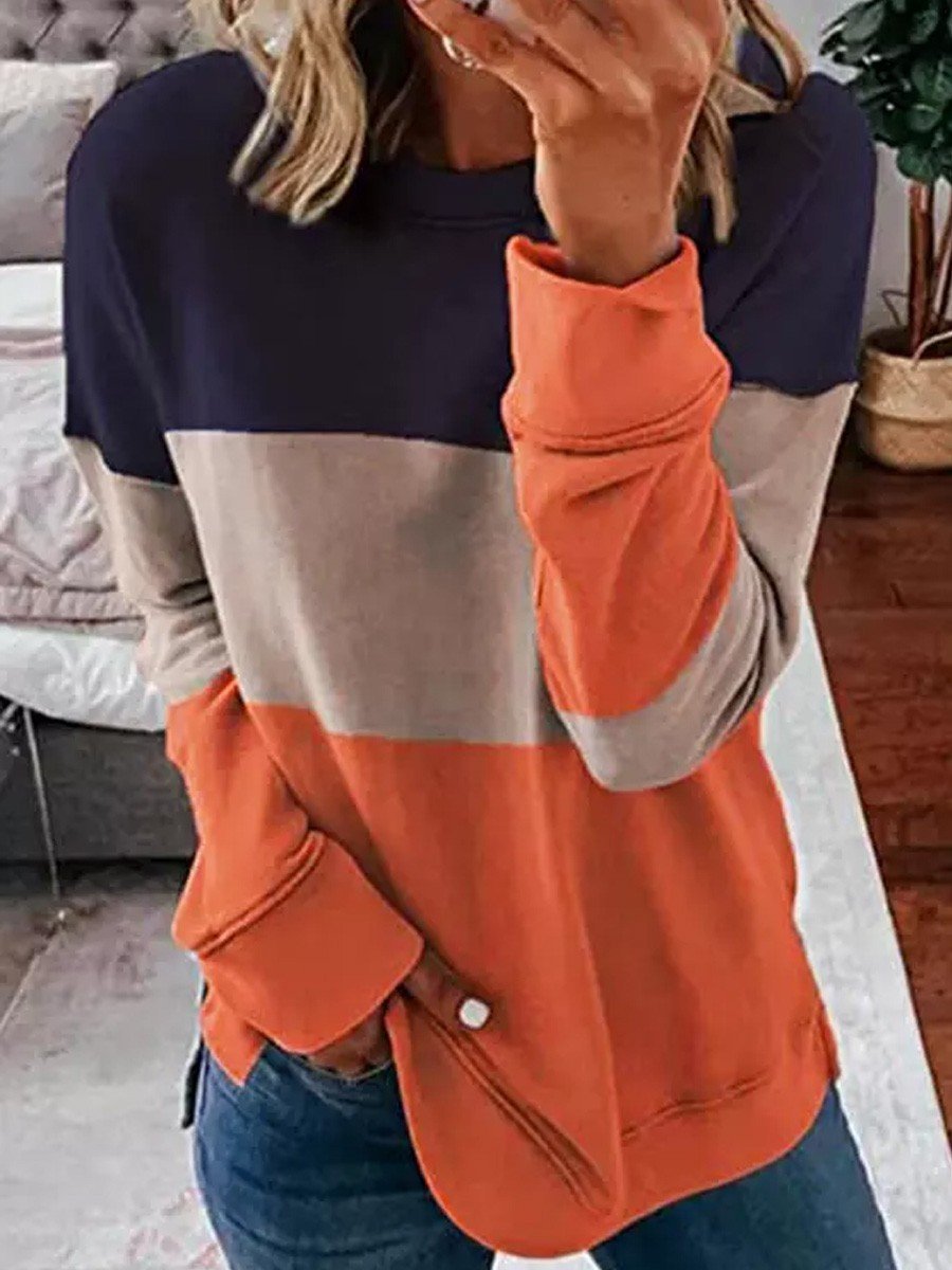 Color Block Long Sleeve O-Neck T-Shirt - Outlets Forever