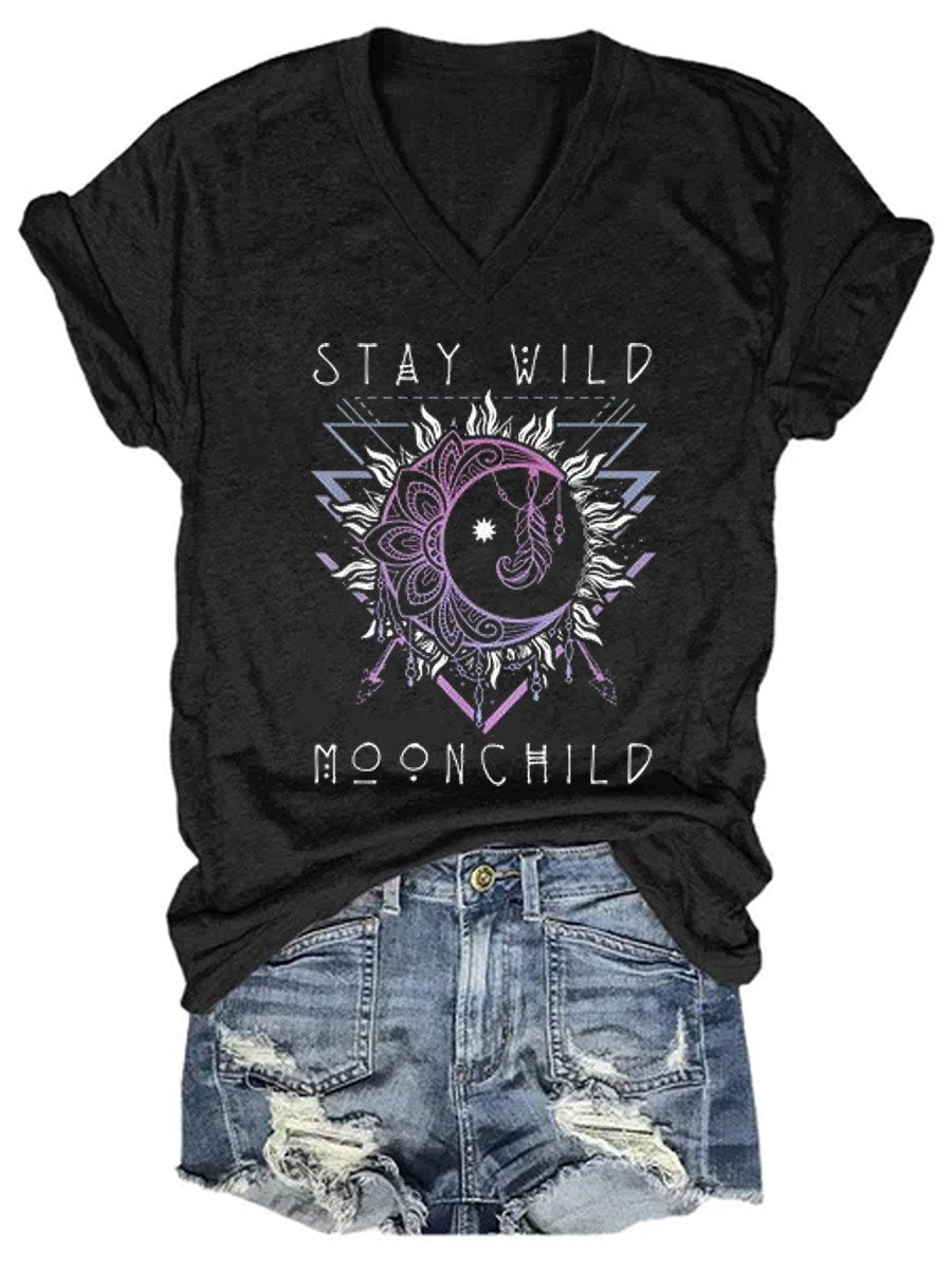 Women Stay Wild Moon Child  V-neck T-shirt - Outlets Forever